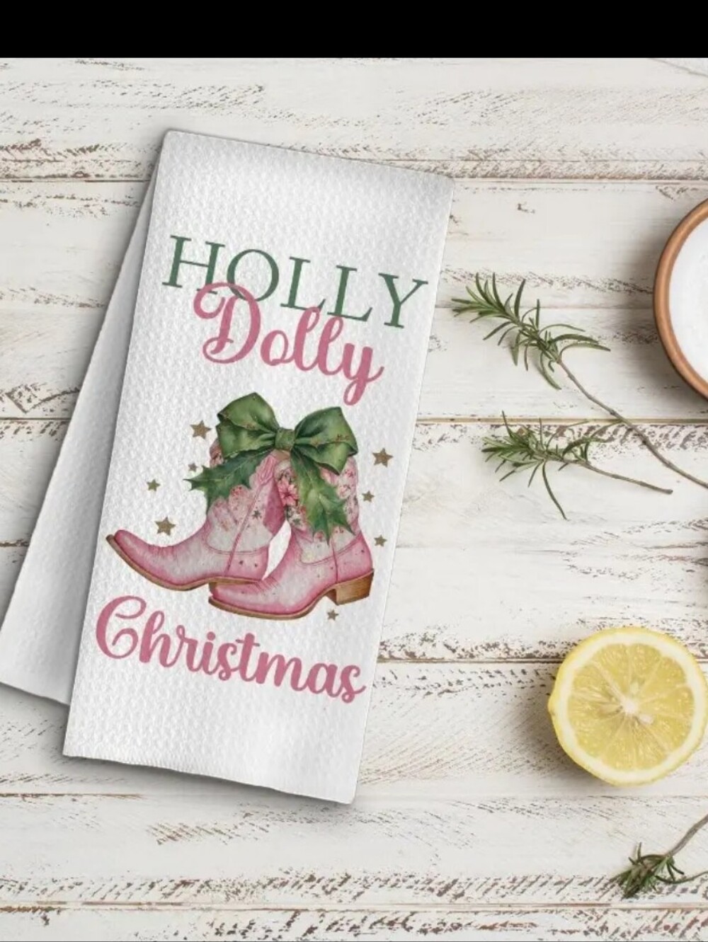 Holly Dolly Christmas Pink Cowboy Cowgirl Boots Kitchen Towel
